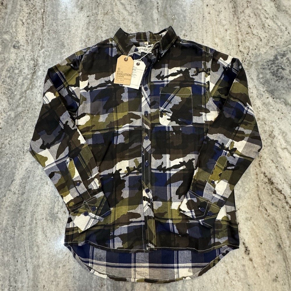 NWT Evolutuon Button Down Shirt Men's Sz Large Cotton Camo Plaid Western Skater